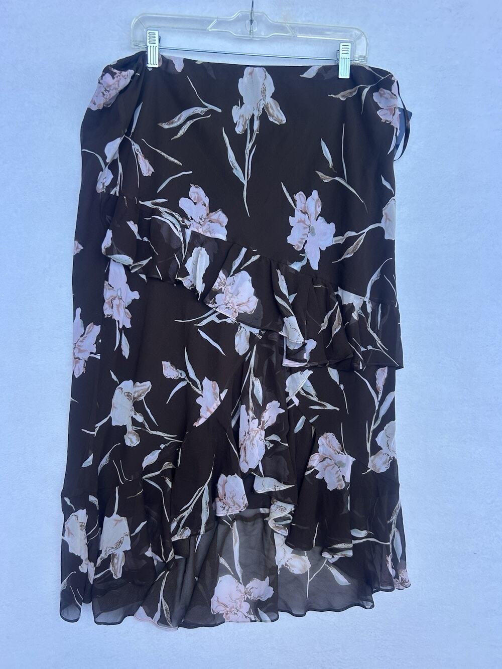 NWT Chaps Floral High-Low Ruffle Maxi Skirt Brown Pink XL Chiffon Layered